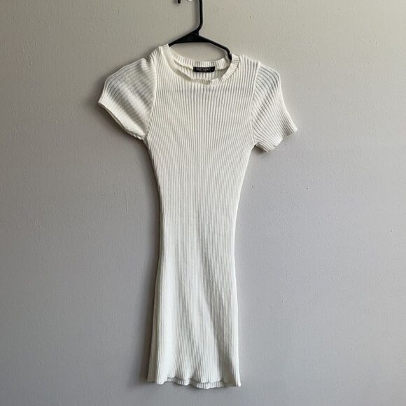 NASTY GAL Cream Knit Ribbed T-Shirt Mini Dress - Picture 9 of 11